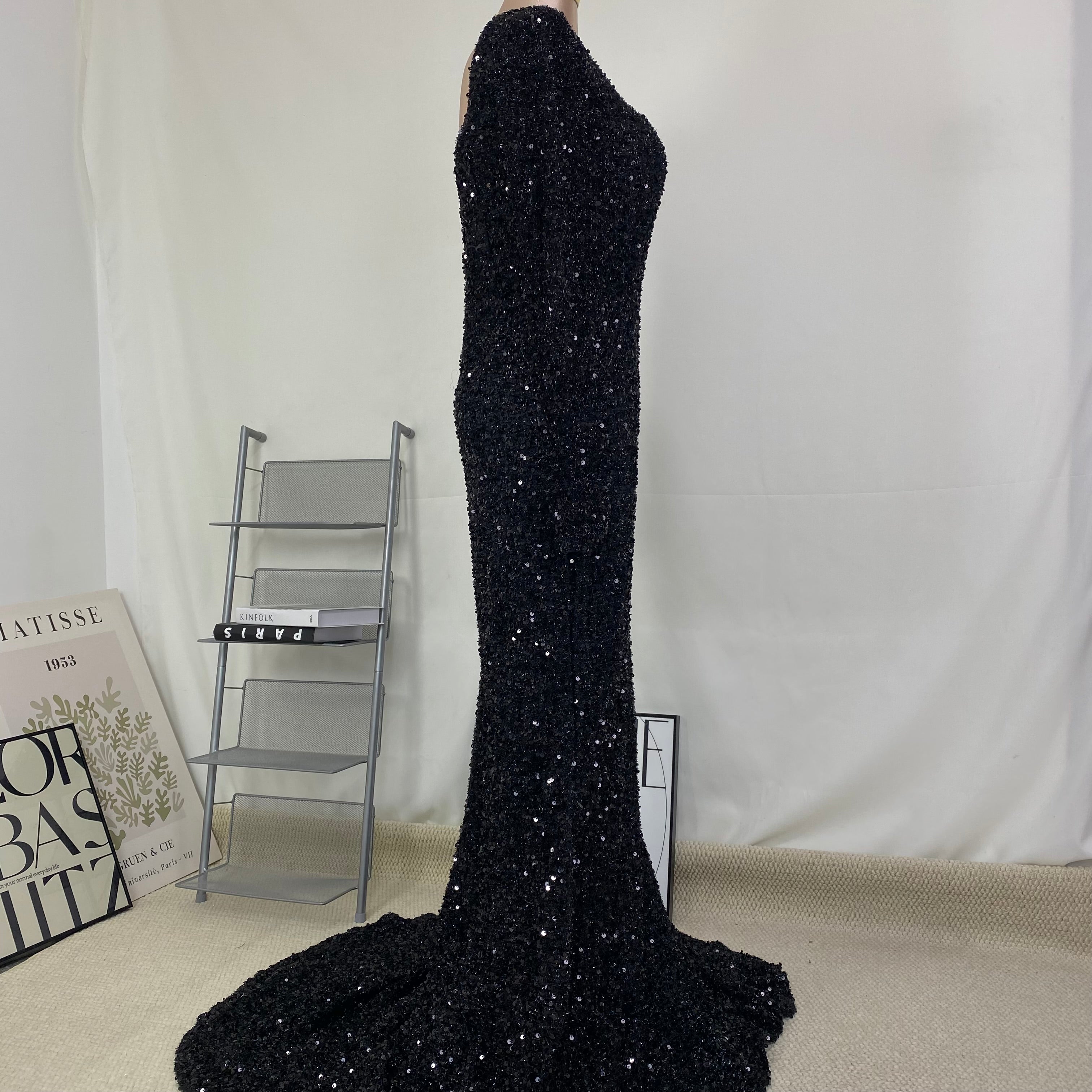 sequined trumpet sleeve long dress