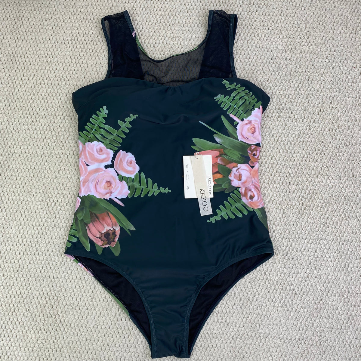 Printed backless net fabric patchwork swimming suit