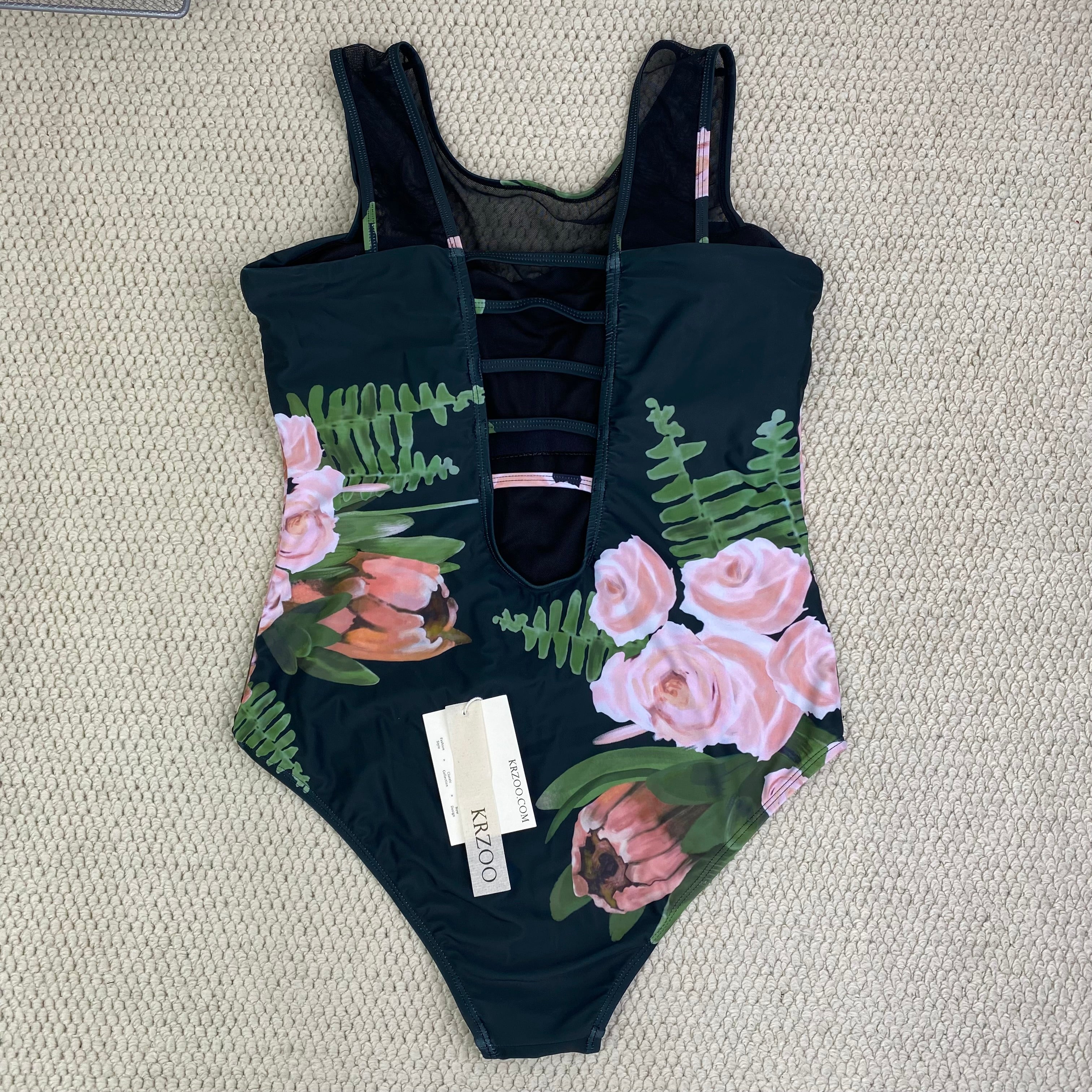 Printed backless net fabric patchwork swimming suit