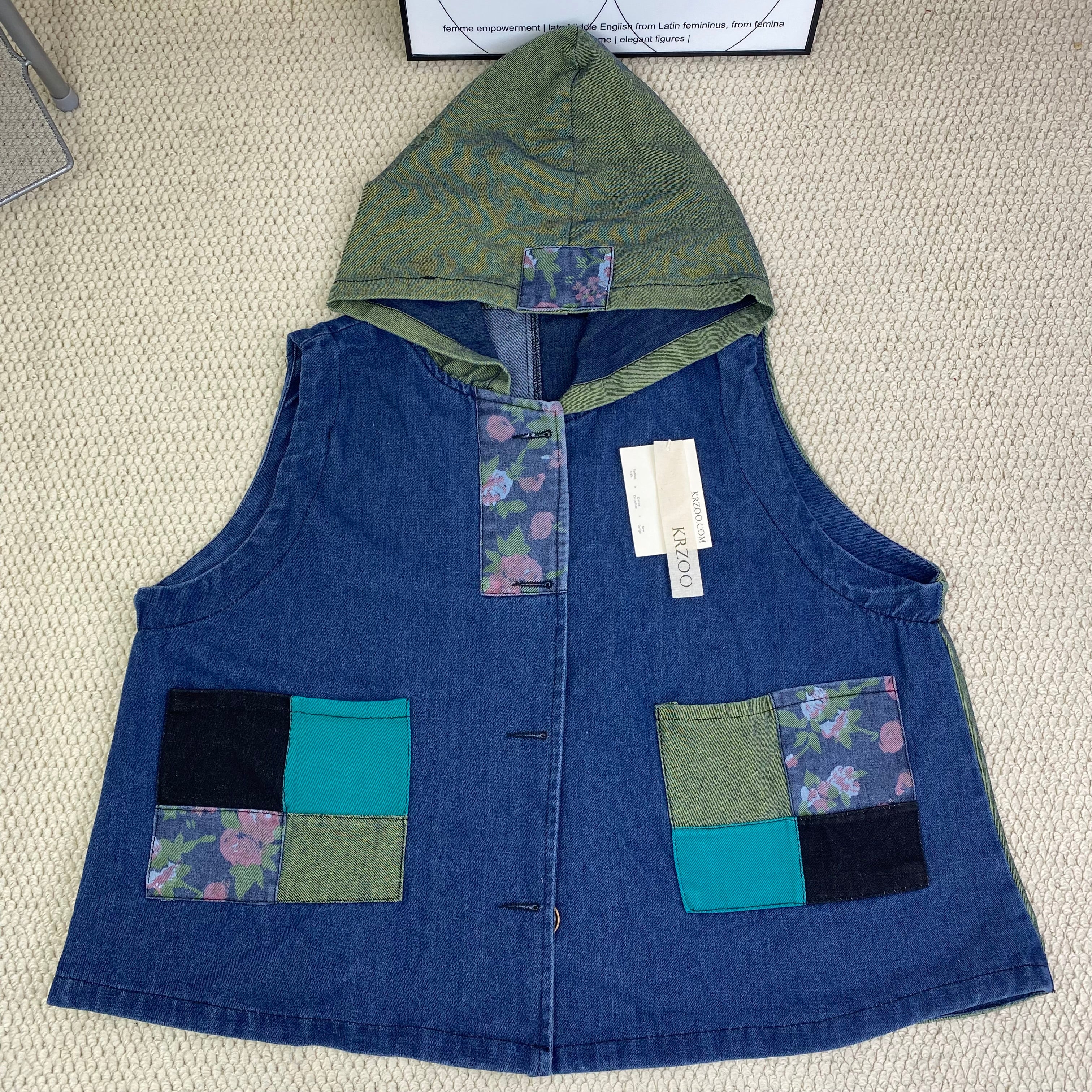 Vintage-style hooded patchwork denim jacket