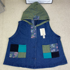 Vintage-style hooded patchwork denim jacket