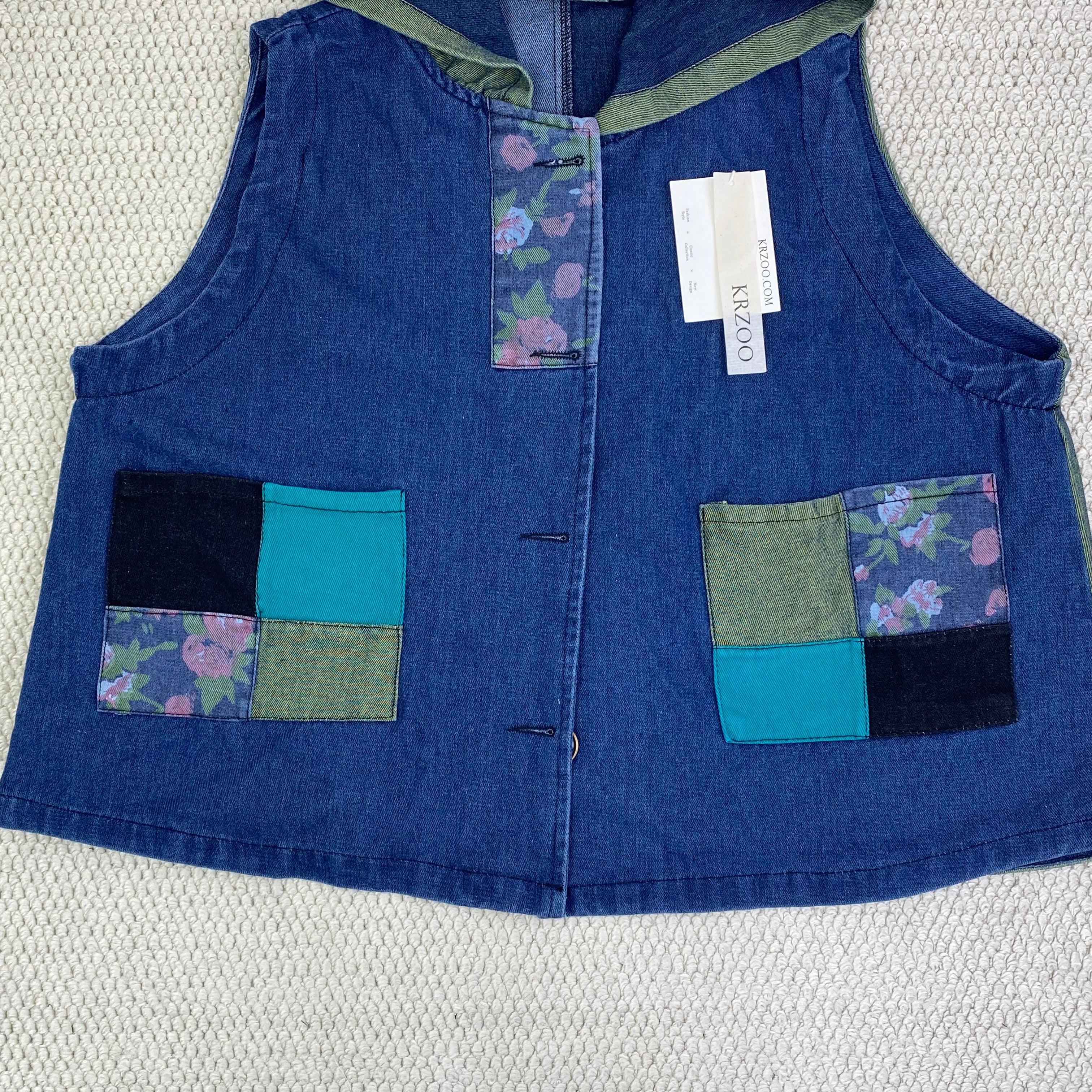 Vintage-style hooded patchwork denim jacket