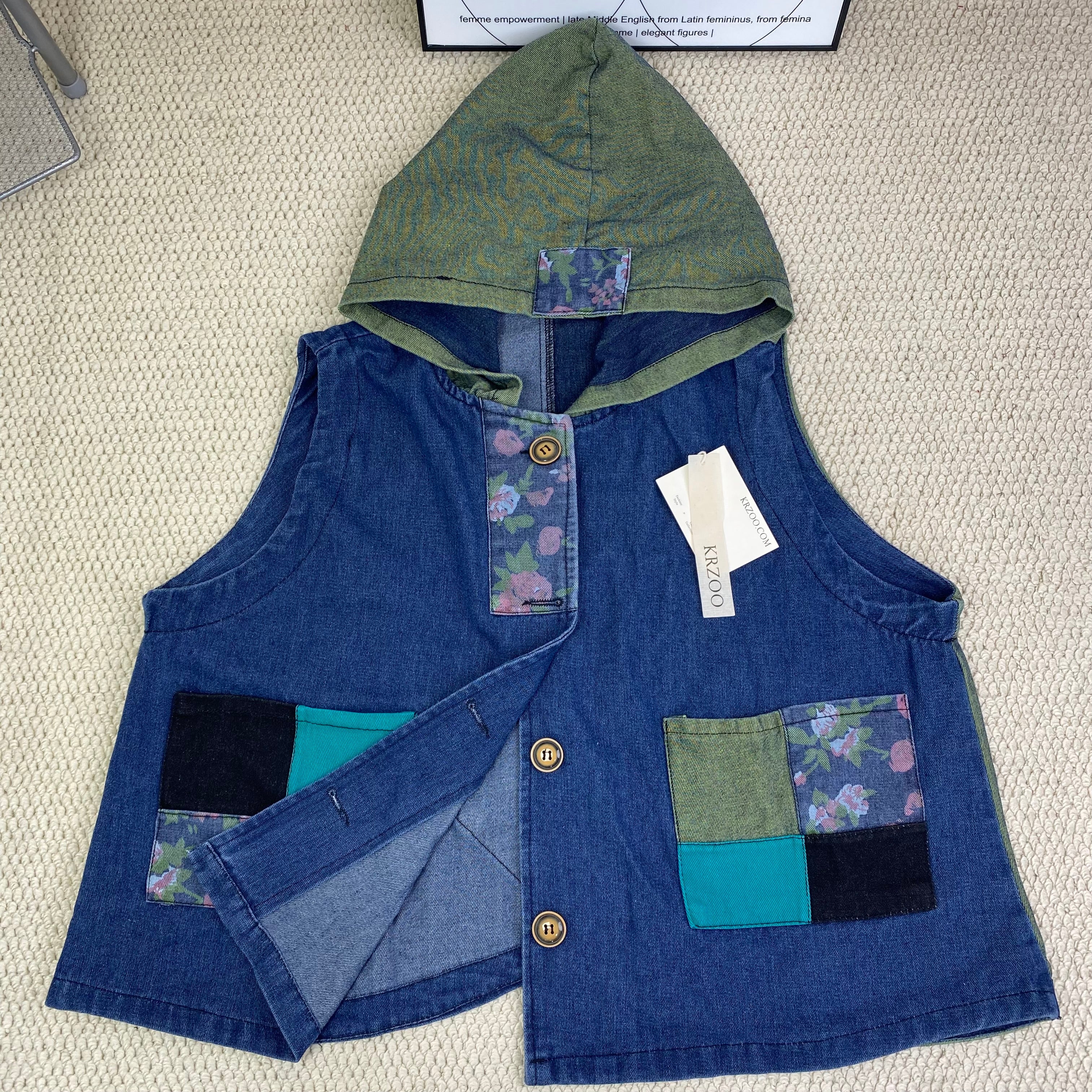 Vintage-style hooded patchwork denim jacket