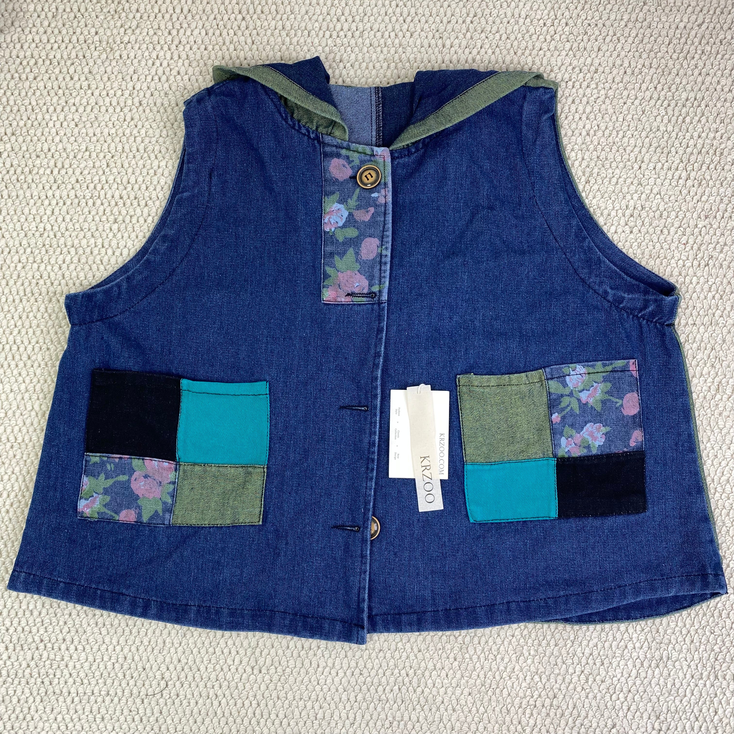 Vintage-style hooded patchwork denim jacket