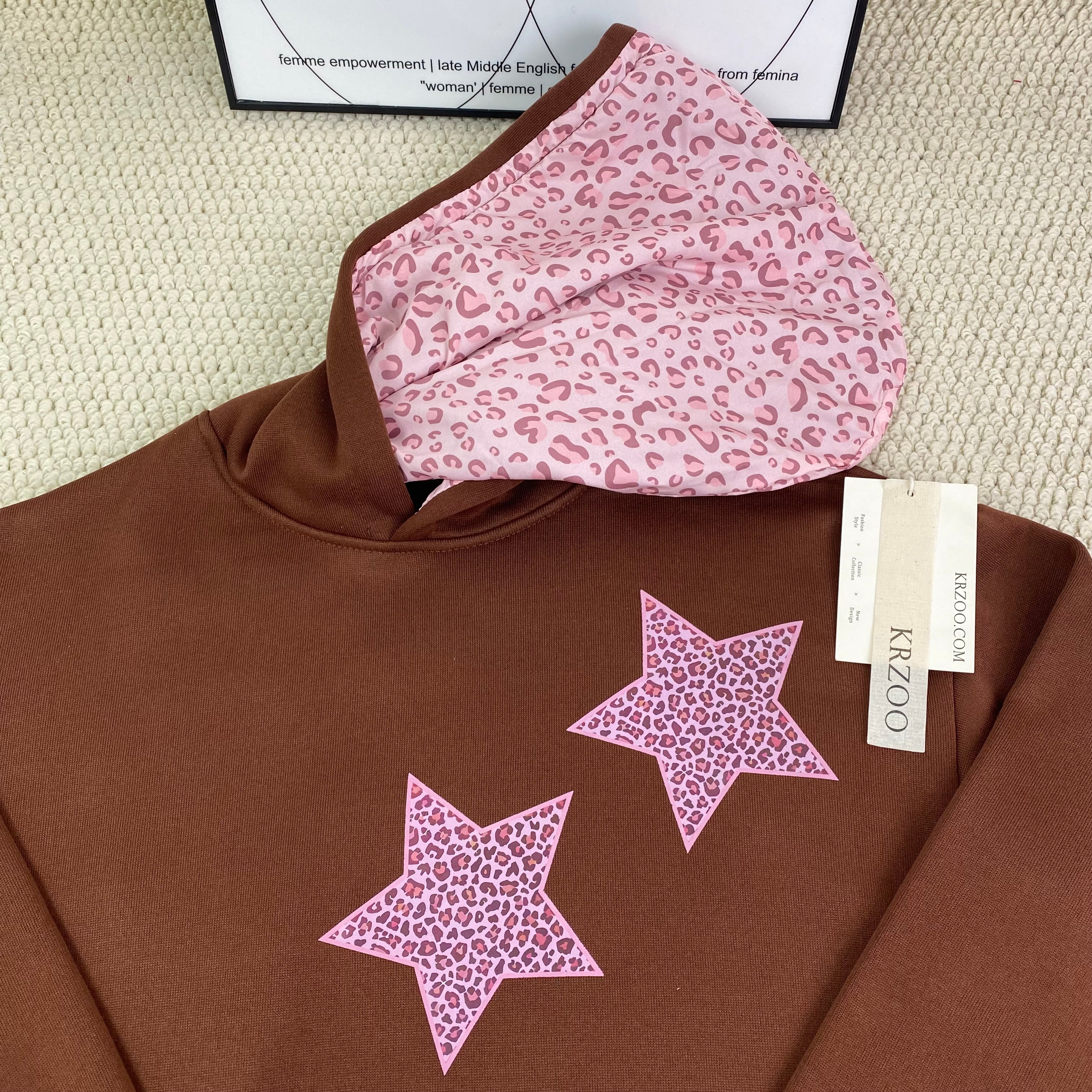 Gray leopard print five-pointed star hooded jacket