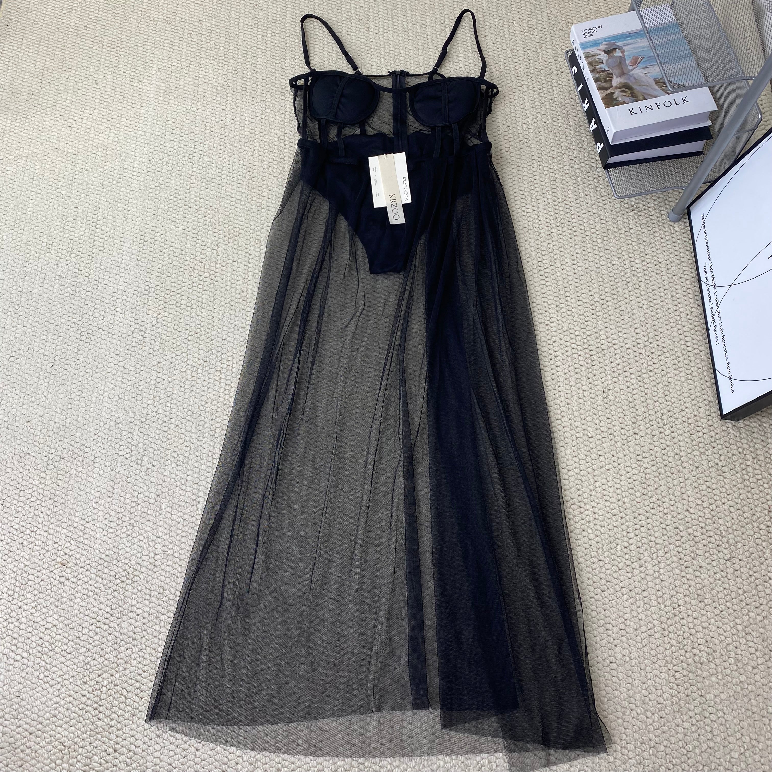 Fishbone mesh long dress