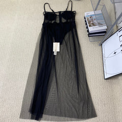 Fishbone mesh long dress
