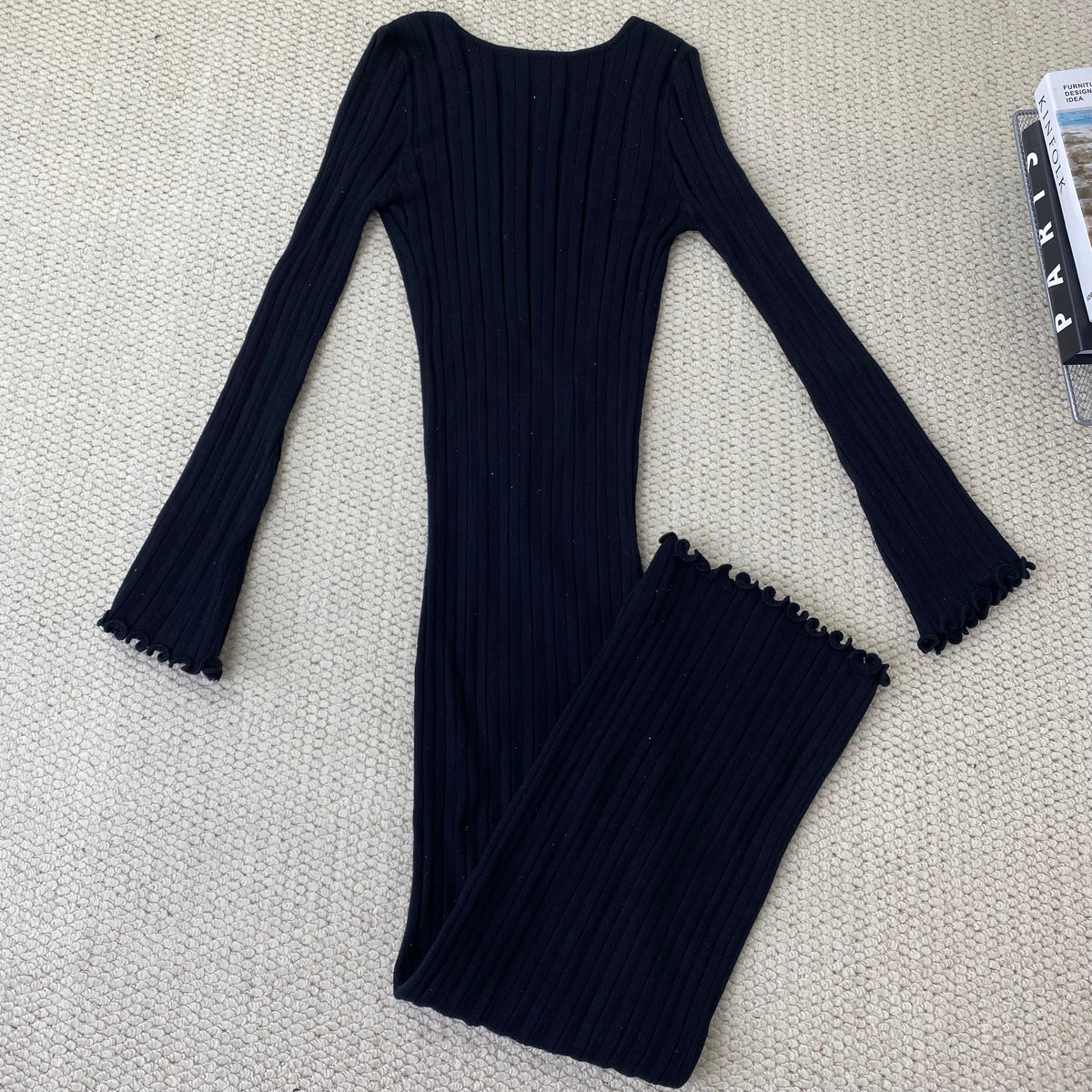 Ruffled-edge off-the-shoulder knitted long dress