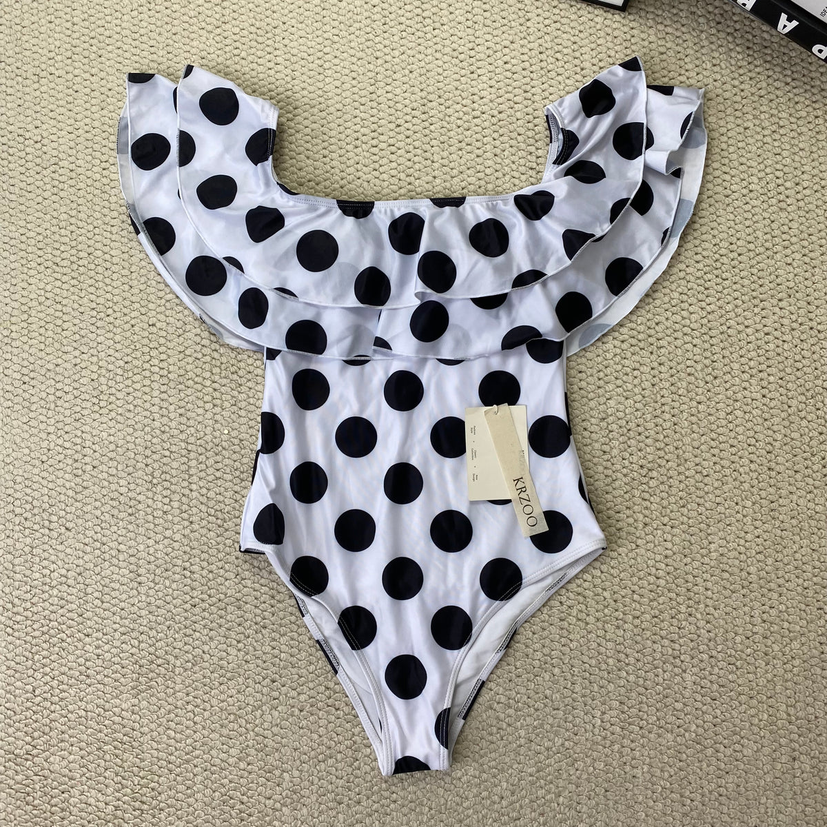 Off-the-shoulder polka-dot ruffled swimsuit