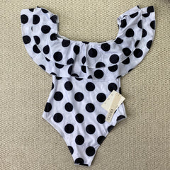 Off-the-shoulder polka-dot ruffled swimsuit