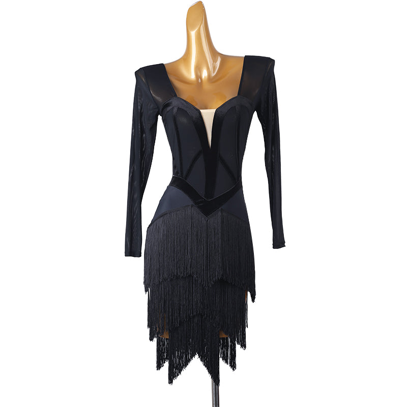 Customisable-Women's Long Sleeve Tassel DanceWear Dance Dress Performance Wear
