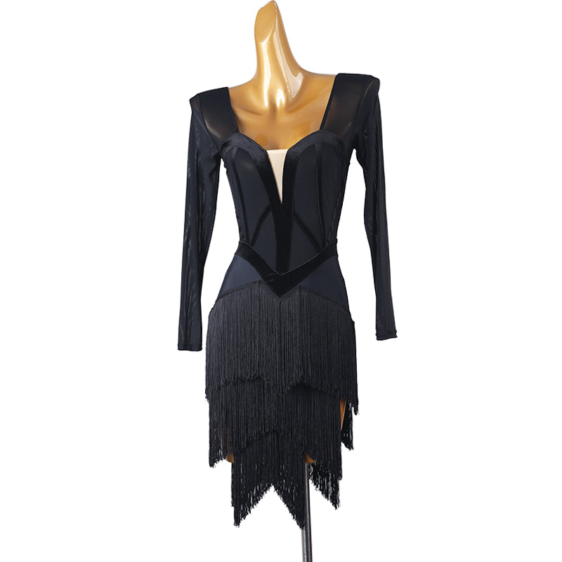 Customisable-Women's Long Sleeve Tassel DanceWear Dance Dress Performance Wear