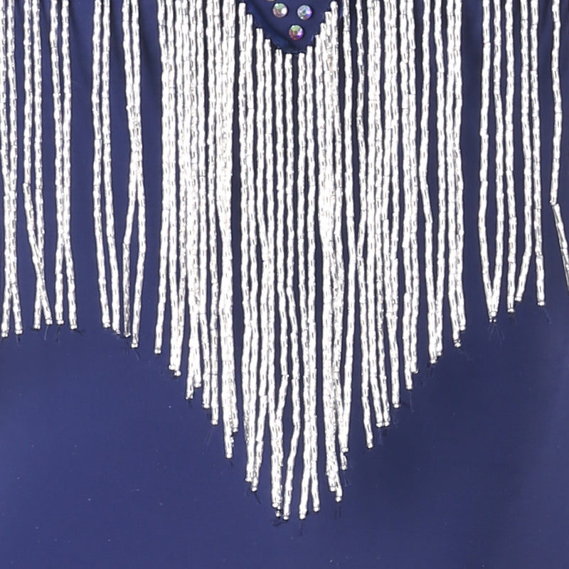 Customisable-Women's Dark Blue Long Sleeve Tassel DanceWear Dance Dress Performance Wear