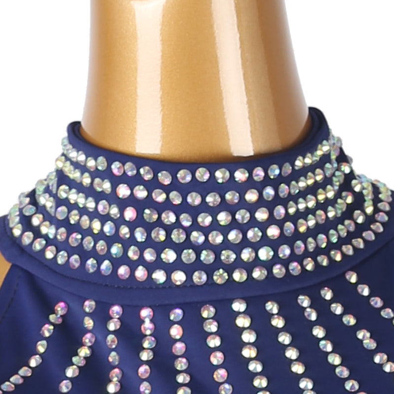 Customisable-Women's Dark Blue Long Sleeve Tassel DanceWear Dance Dress Performance Wear