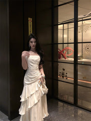 Tight-Waist Netted Figure-Hugging Dress - White
