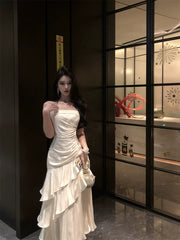 Tight-Waist Netted Figure-Hugging Dress - White