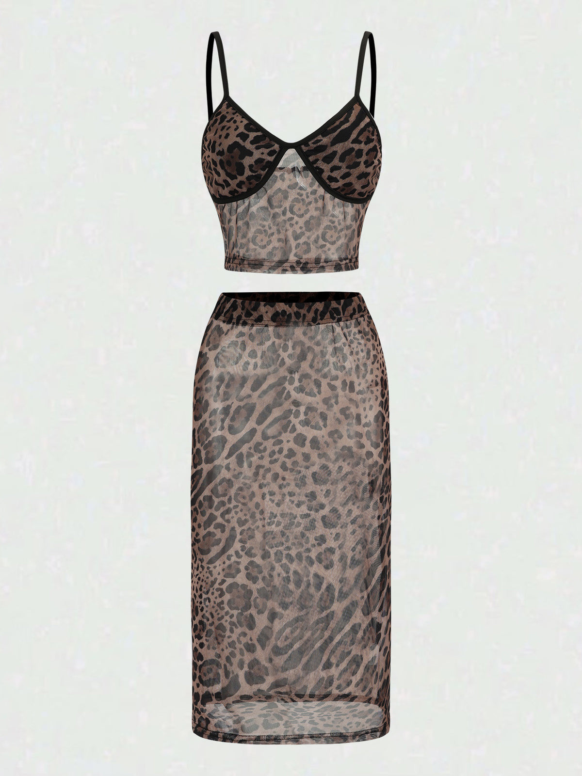 Leopard Print Patchwork Tube Top Sequin Midi Skirt 2pcs Set-Brown Pre Order