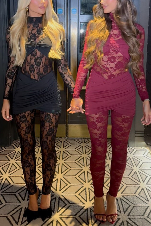 Lace High-Nieck Long-Sleeved One-Piece Dress + Two-Piece Layered Pants Set