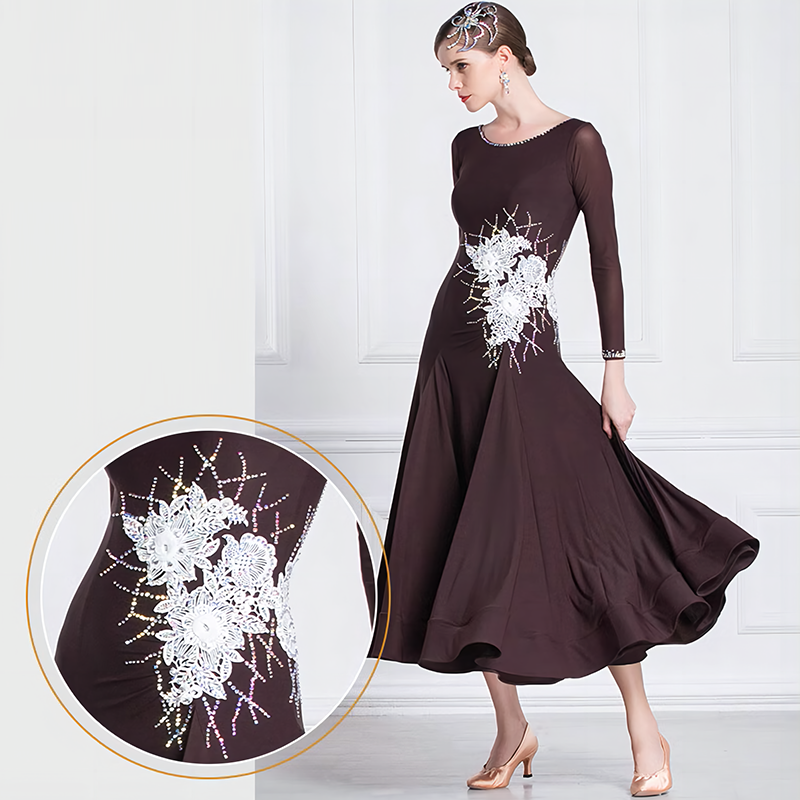 YUN Customisable-Women's Long Sleeve Applique with DiamonWaltModern Ballroom Dance Dress