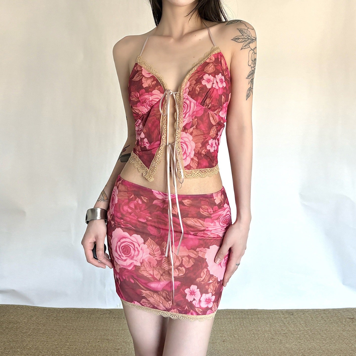 One Shoulder Cutout Top Floral Print Mini Skirt 2pcs Set Pink