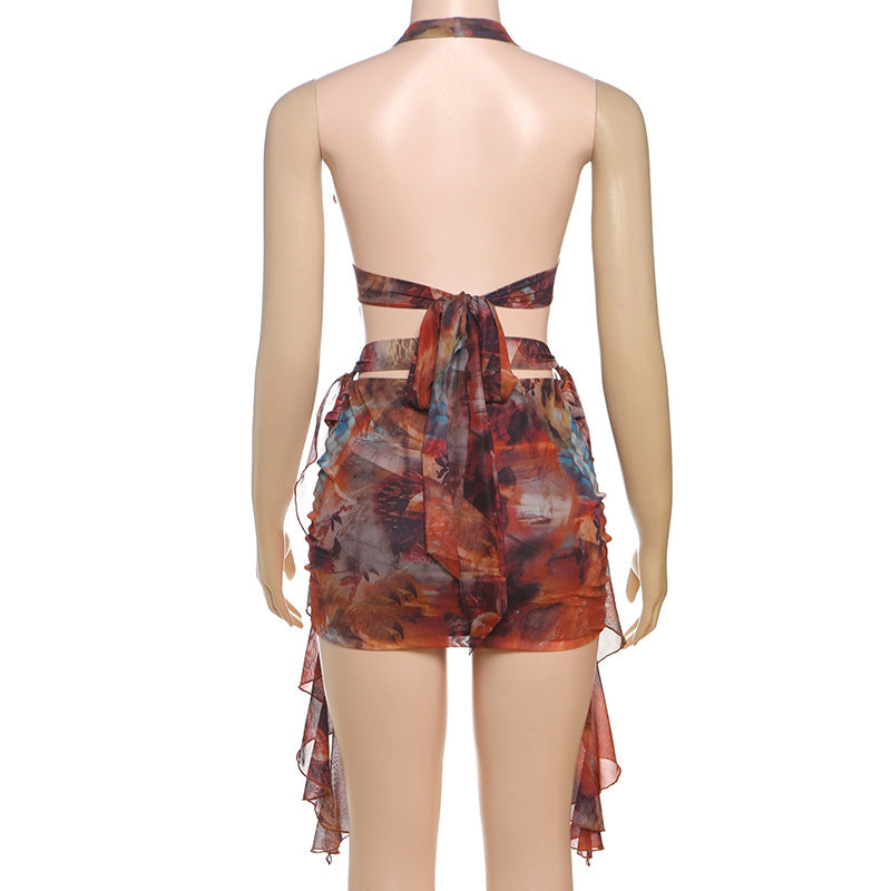 Deep V Neck Cutout Backless Sash Pattern Print Mini Dresses