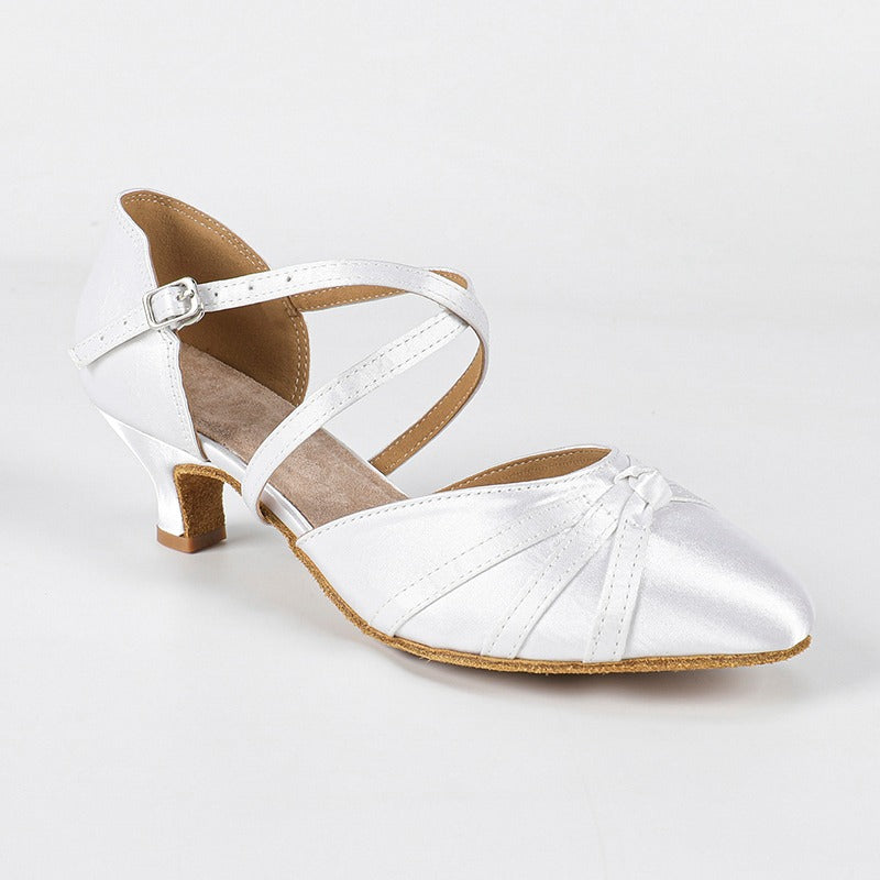 Women's White Satin Customized Heel Closed Toe Ballroom Dance Shoes Wedding Dance Shoes