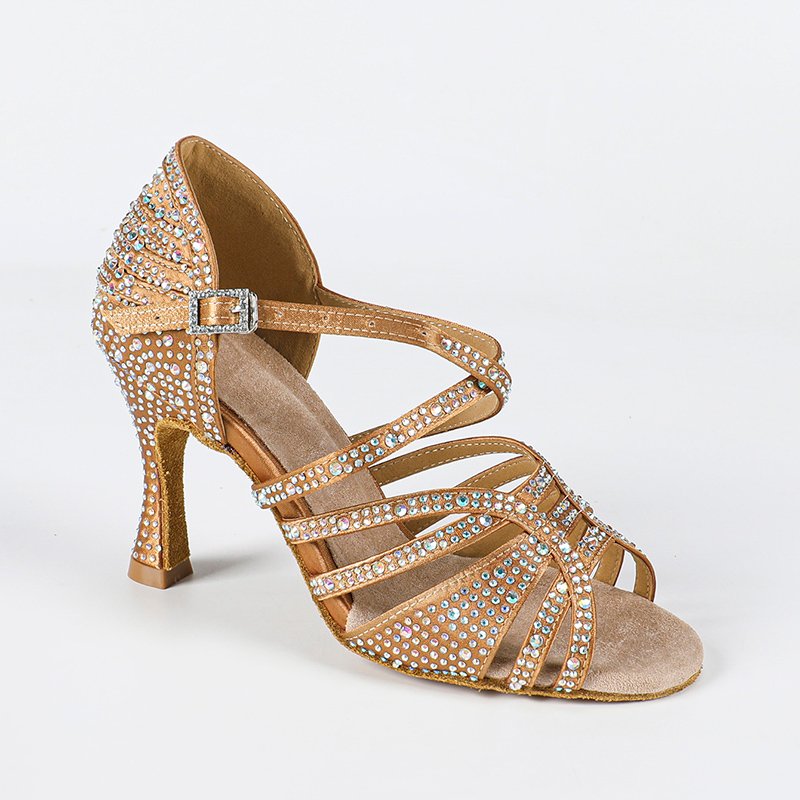 Women's Bronze Satin Strappy Rhinestone Customized Heel Ballroom Dance Shoes