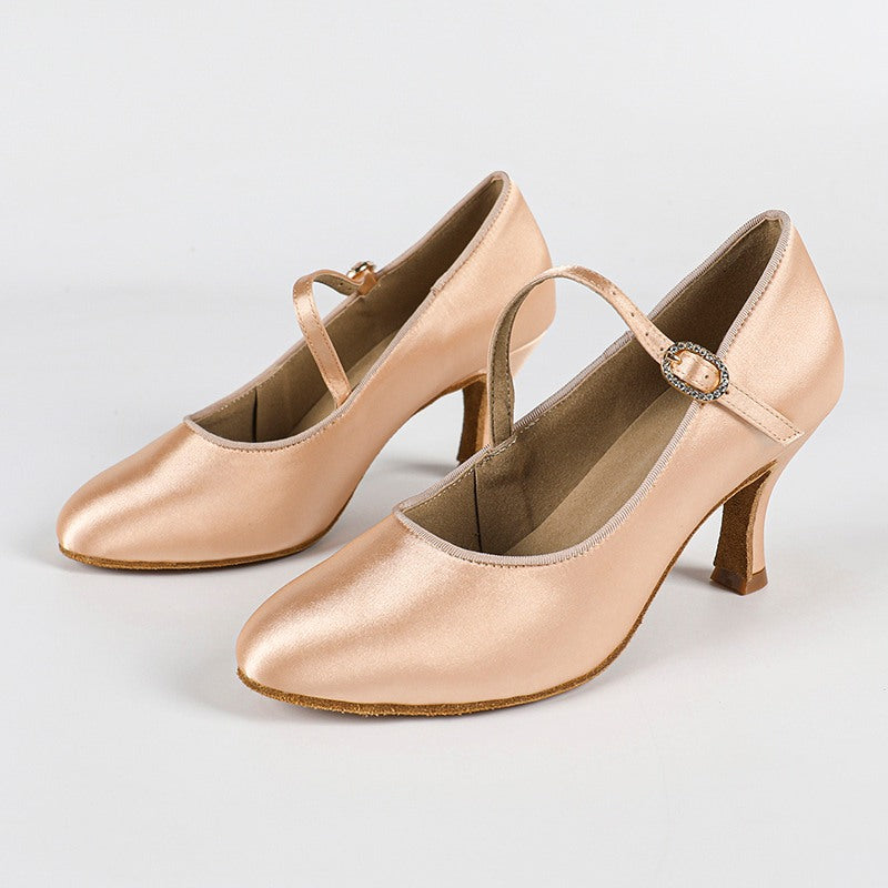 Women's Light Brown Satin Custom Heels Closed Toe Pumps Ballroom Modern Dance Shoes
