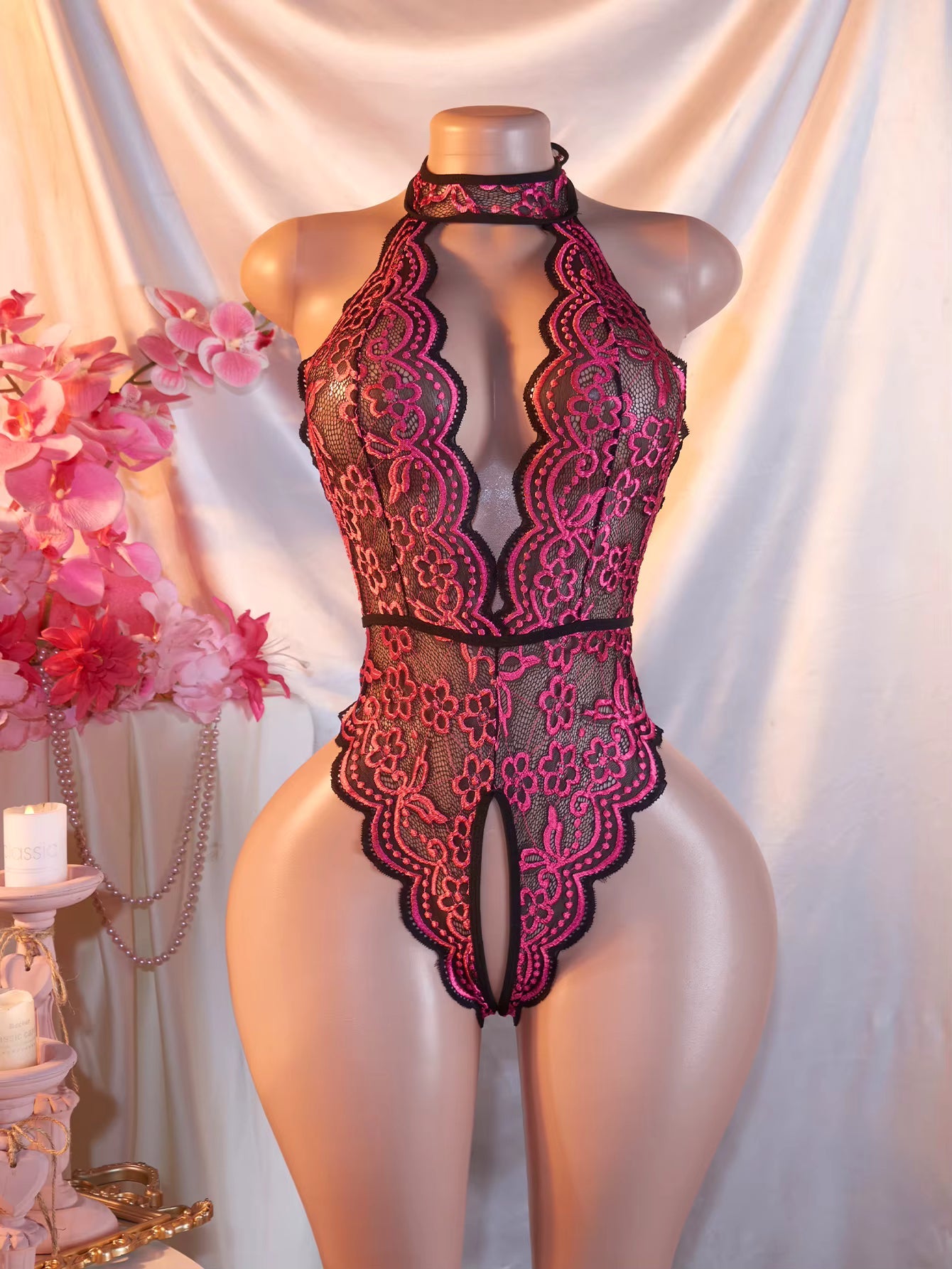 Model LT358Cross Hollow Crotchless Fishnet Bodysuits
