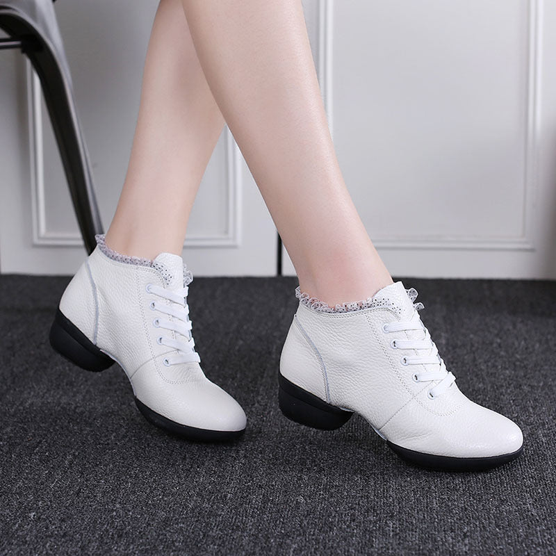 Women's Leather Lace-up 4cm Heel Dance Sneakers Practice Dance Shoes JazDance