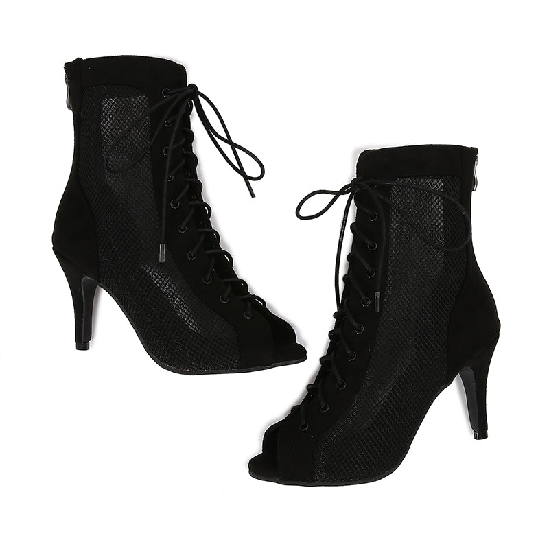 Women's Black Customized Dance Heels Rubber Sole Peep Toe Lace-up JazShoes Dance Boots