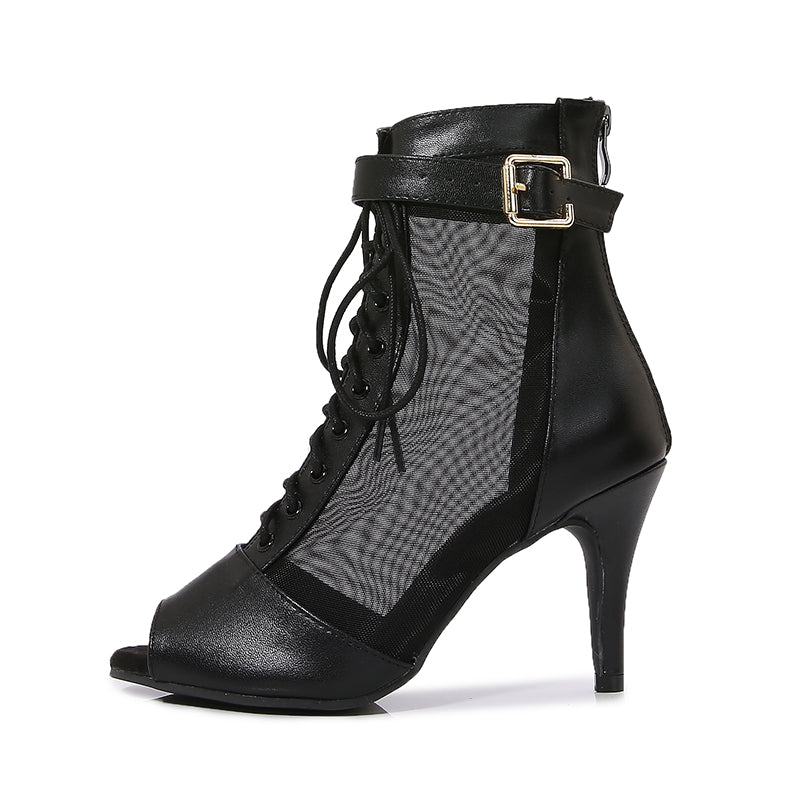 Women's Black Customized Dance Heels Rubber Sole Peep Toe Lace-up JazShoes Dance Boots