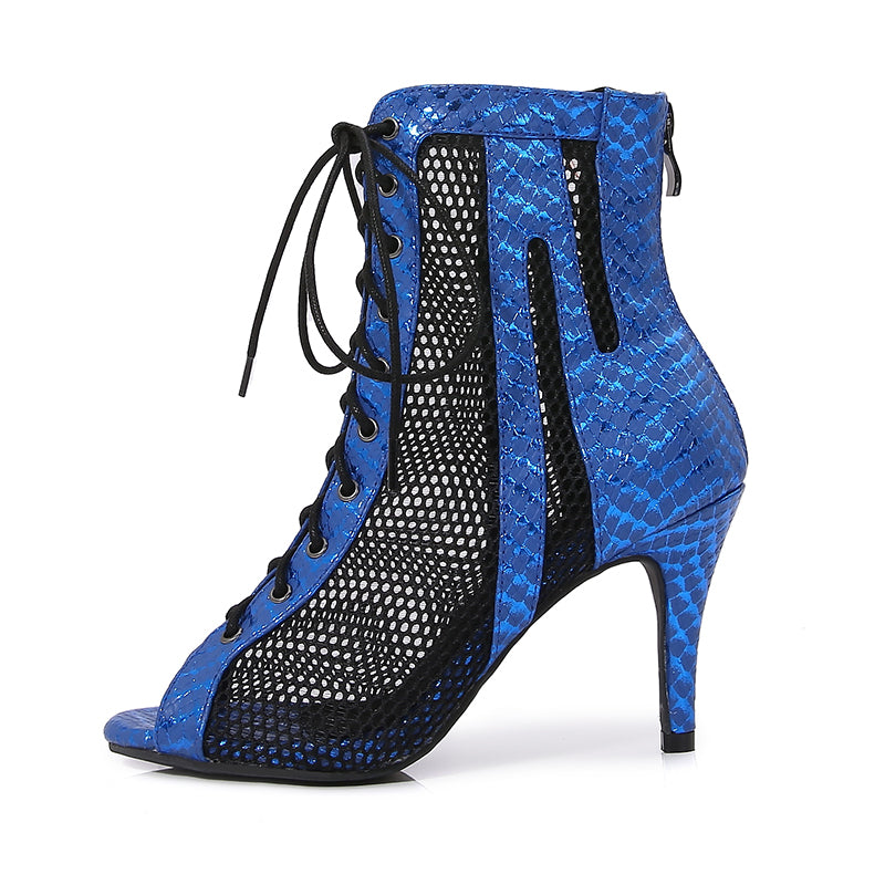 Women's Blue Customized Dance Heels Rubber Sole Peep Toe Lace-up JazShoes Dance Boots