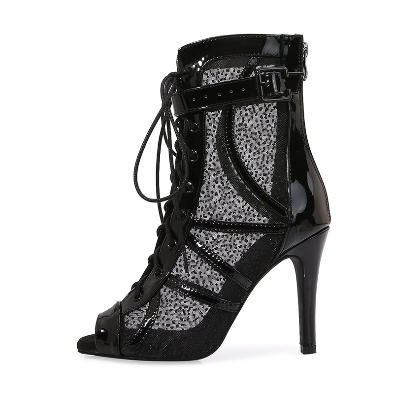 Women's Black Customized Dance Heels Rubber Sole Peep Toe Lace-up JazShoes Dance Boots