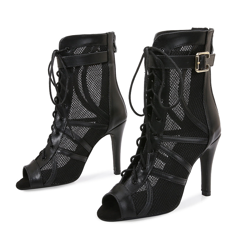 Women's Black Customized Dance Heels Rubber Sole Peep Toe Lace-up JazShoes Dance Boots
