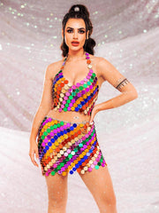 Two Piece Set Sequin - Rainbow Halter Top + Mini Skirt