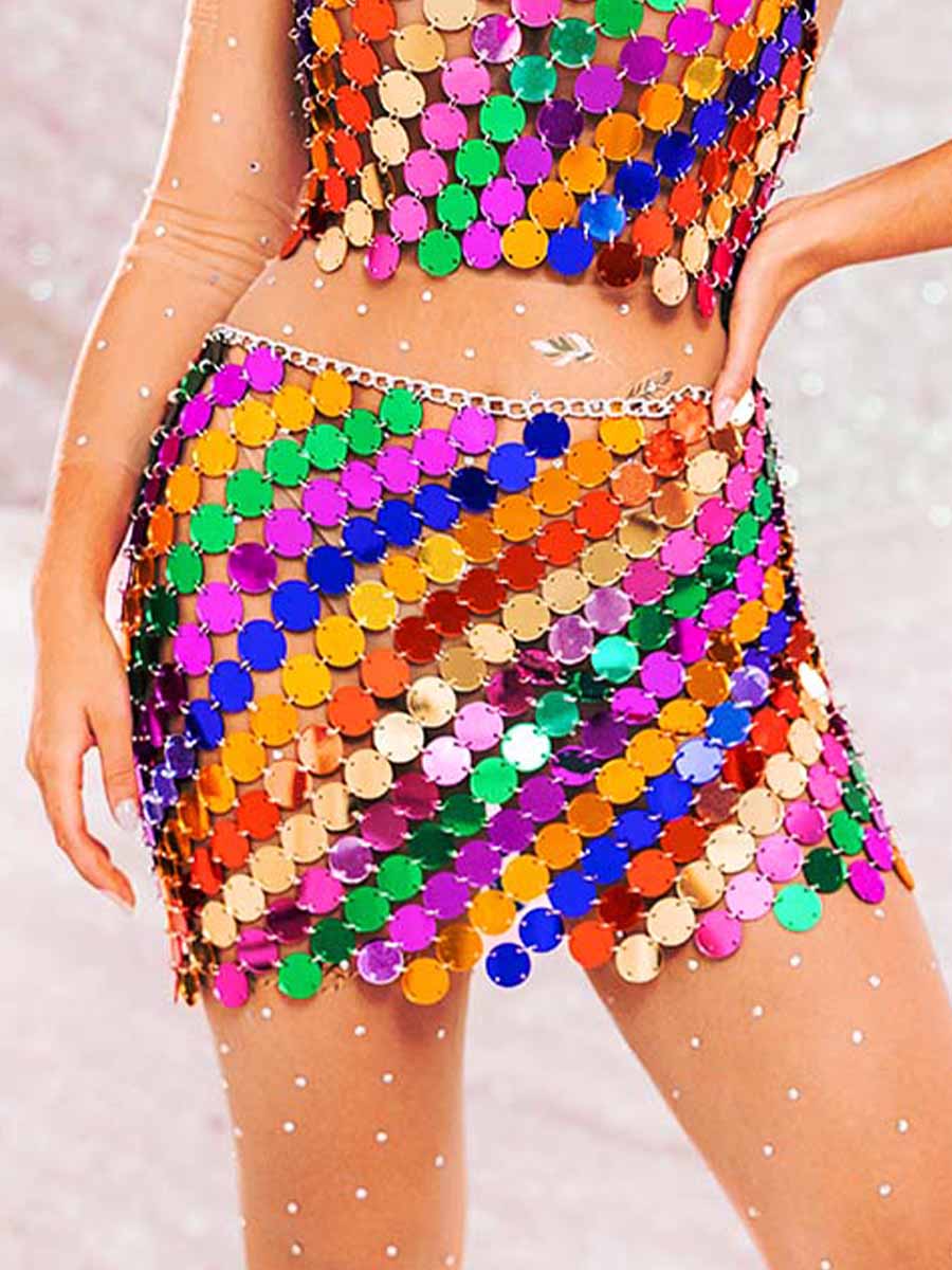 Two Piece Set Sequin - Rainbow Halter Top + Mini Skirt