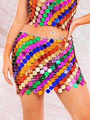 Two Piece Set Sequin - Rainbow Halter Top + Mini Skirt