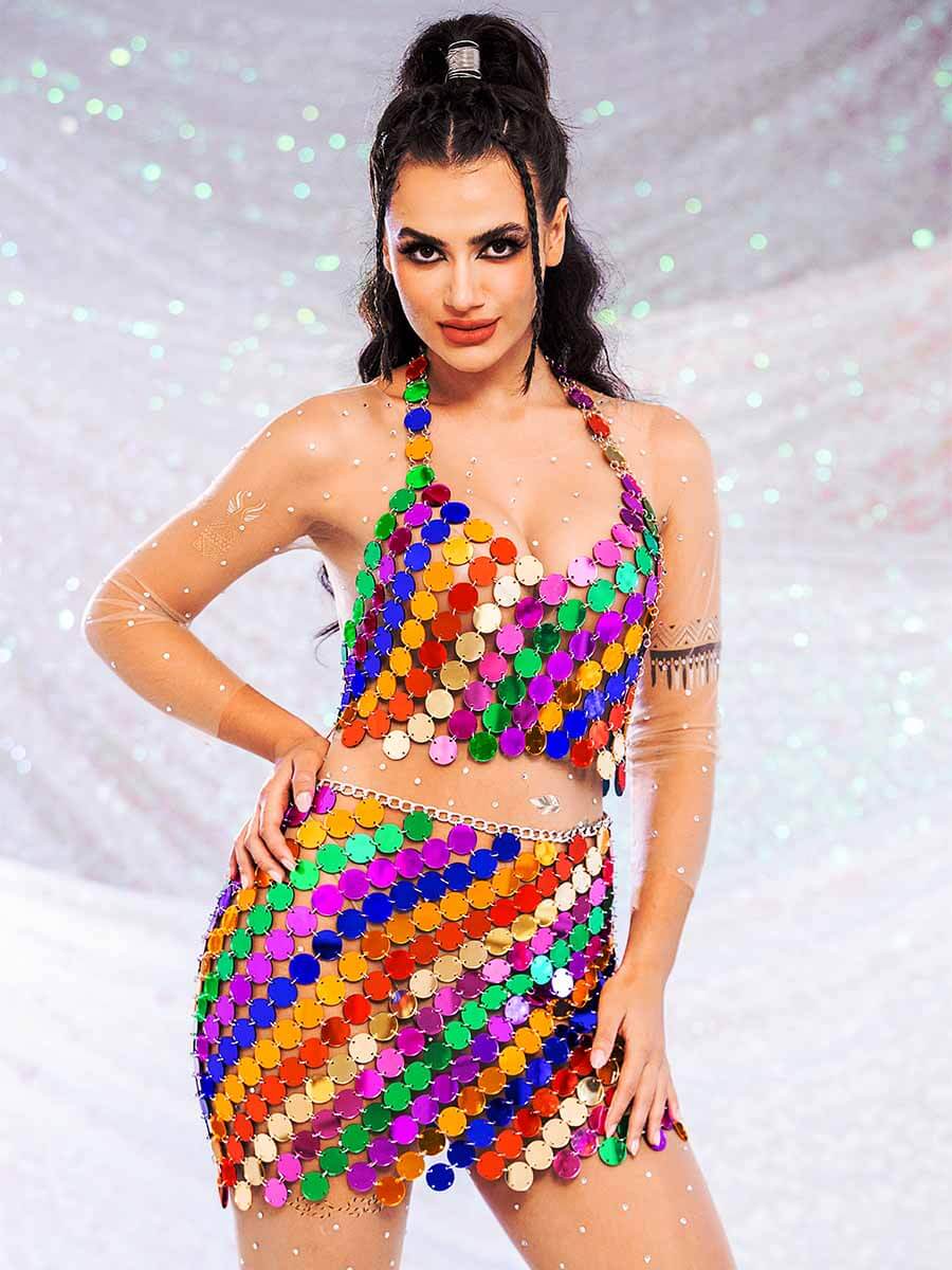 Two Piece Set Sequin - Rainbow Halter Top + Mini Skirt