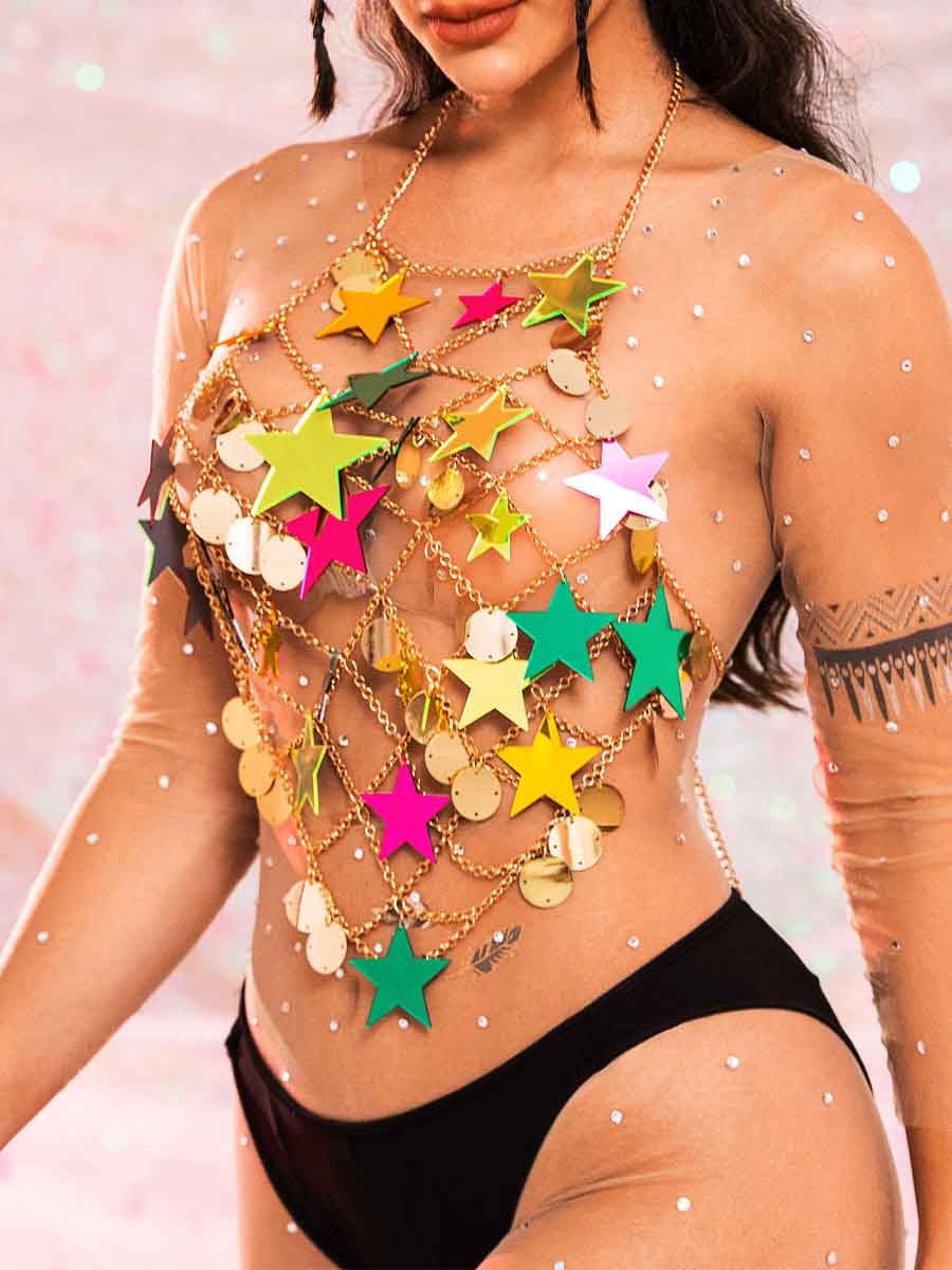 Star Sequin Top - Gold Metal Chain Round Sequin Top