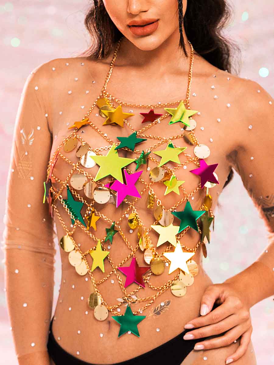 Star Sequin Top - Gold Metal Chain Round Sequin Top