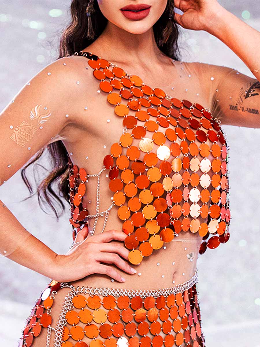 Sparkly Two Piece Set - Orange Sequin Top & Orange Sequin Skirt