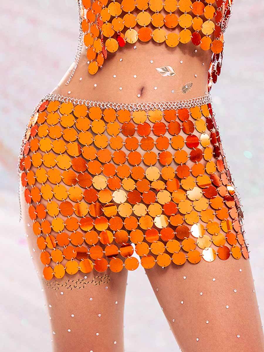 Sparkly Two Piece Set - Orange Sequin Top & Orange Sequin Skirt
