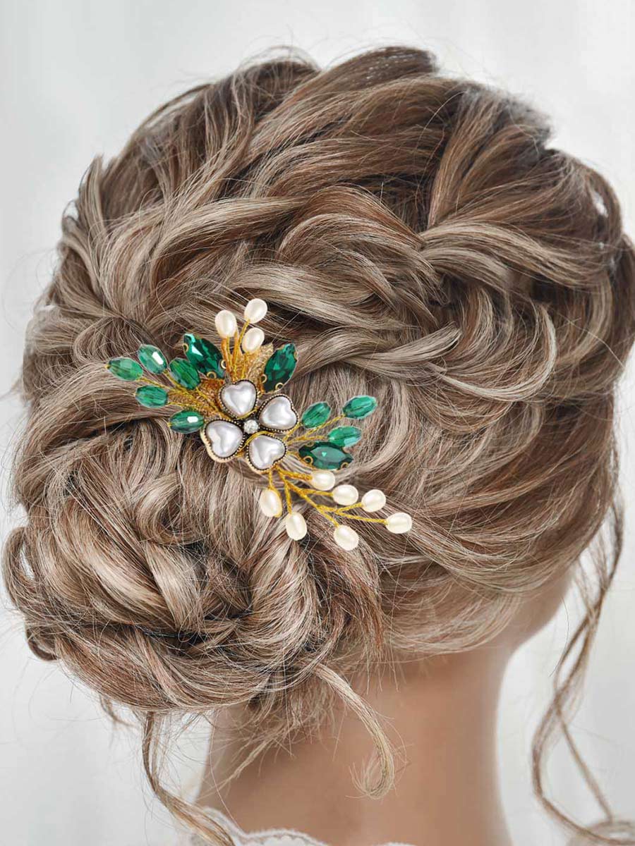 Hairpin with Green Crystal and Pearl Decoration