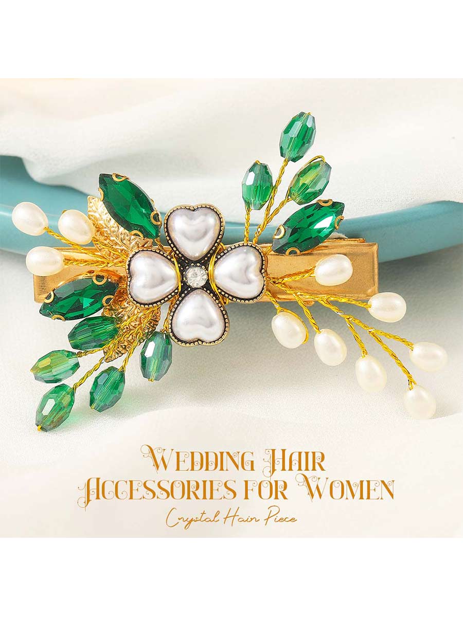 Hairpin with Green Crystal and Pearl Decoration