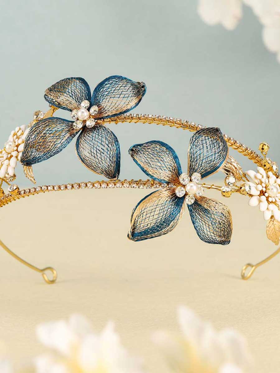 Gold Headband with Rhinestone and Pearl Flower Charm
