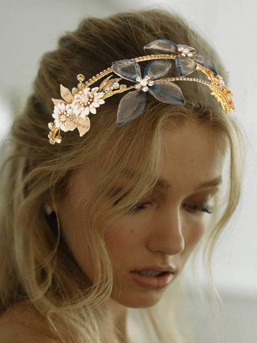 Gold Headband with Rhinestone and Pearl Flower Charm