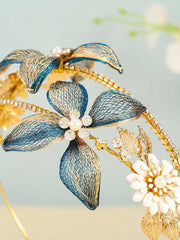 Gold Headband with Rhinestone and Pearl Flower Charm