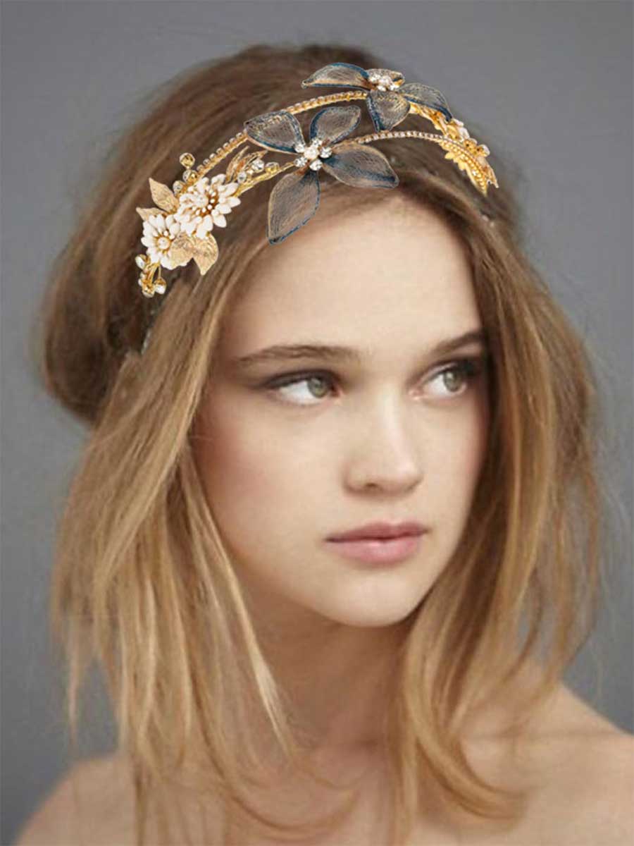 Gold Headband with Rhinestone and Pearl Flower Charm