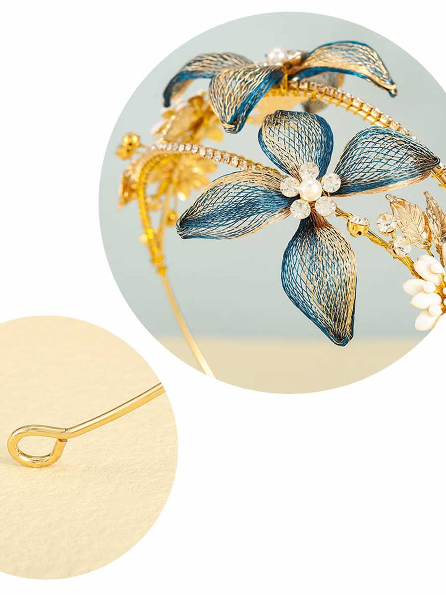 Gold Headband with Rhinestone and Pearl Flower Charm